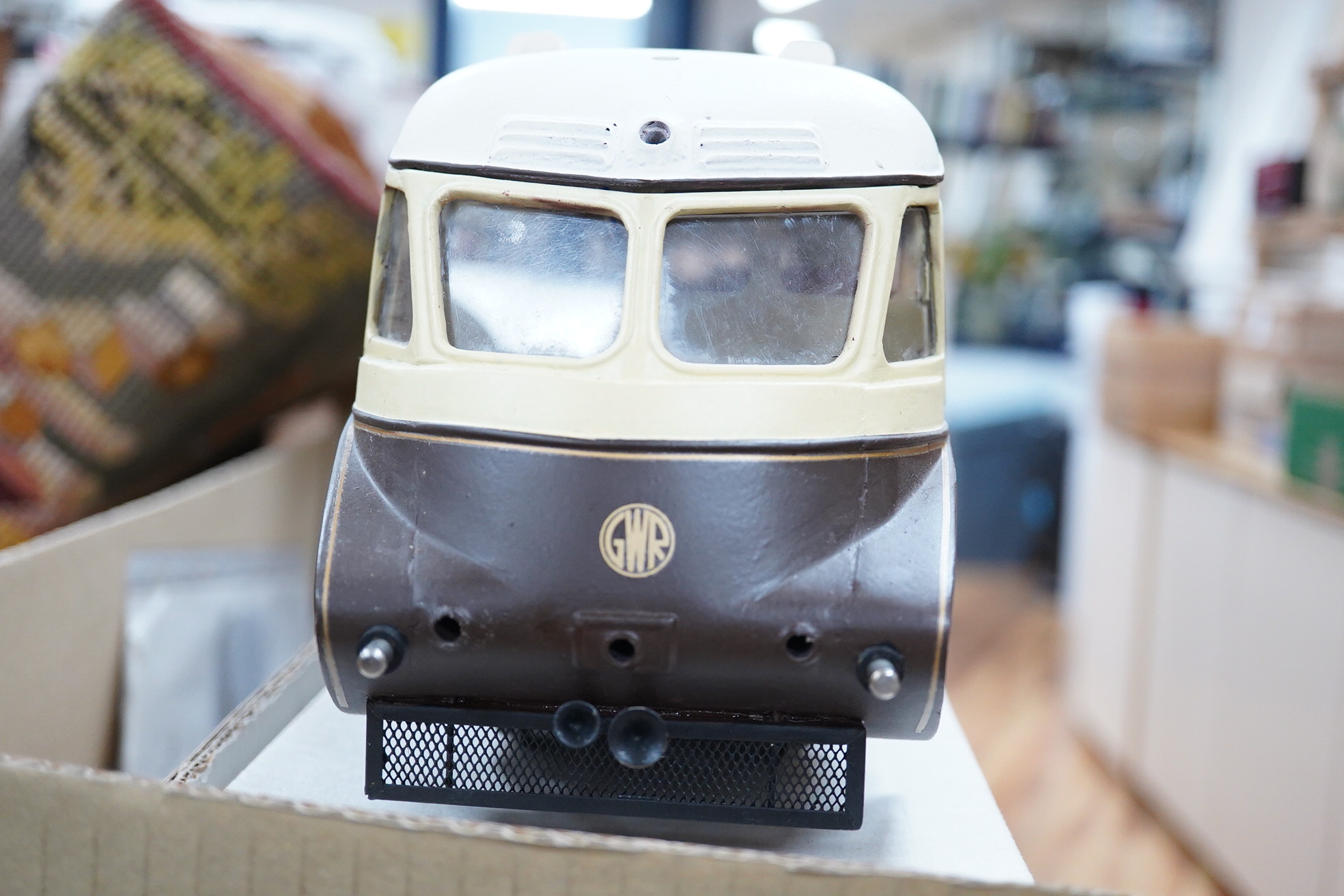 A Gauge 3 model railway GWR 'Flying Banana' railcar, radio controlled kit built from a GRS (Garden Railway Specialists) kit, with original assembly instructions